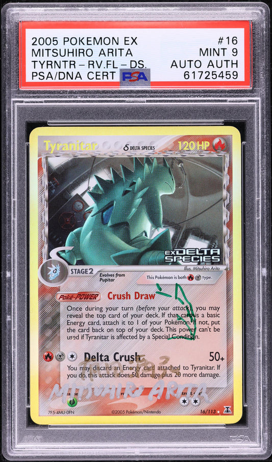 2005 POKEMON EX DELTA SPECIES REVERSE HOLO TYRANITAR #16 ARITA AUTO AUTH PSA 9
