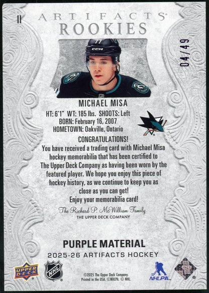 2025-26 Upper Deck Artifacts Rookies Material Purple Patch Michael Misa /49