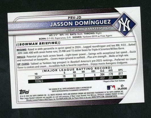 2023 Bowman PRV-JD Jasson Dominguez Bowman Chrome Orange /75 VG New York Yankees Auto