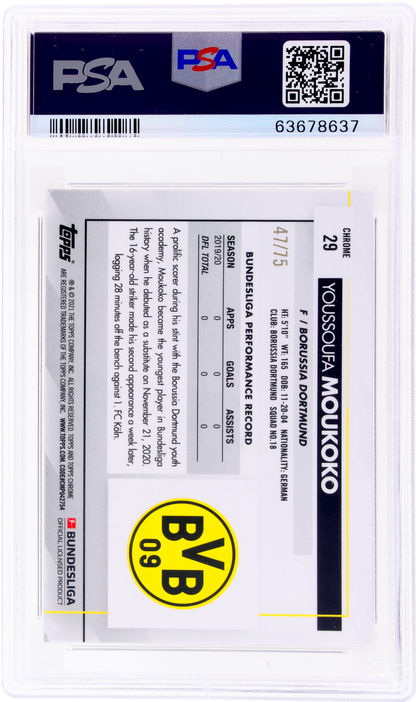 2020 Topps Chrome Pink Refractor Youssoufa Moukoko #29 RC /75 PSA 10