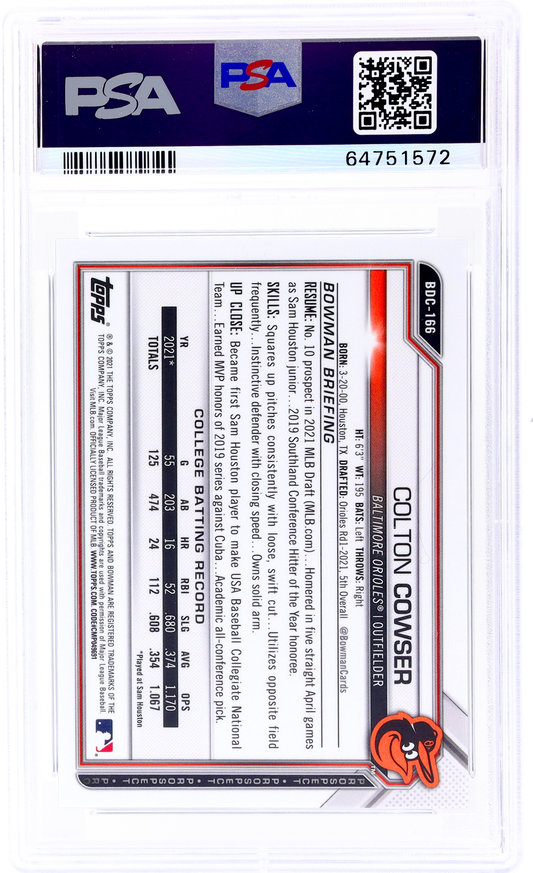 2021 Bowman Draft Chrome Sapphire Colton Cowser #BDC166 /20 PSA 9
