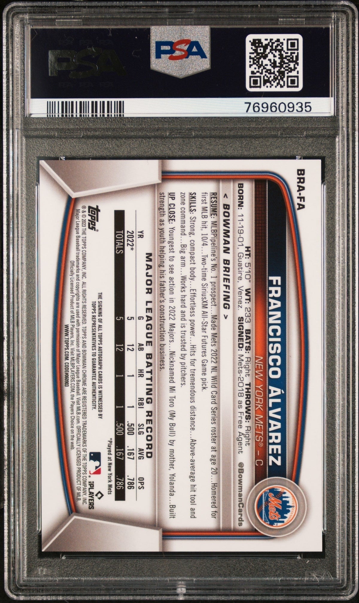 2023 Bowman Mega Box Chrome Rookies Autographs Rk Auto-Orange Ref. Francisco Alvarez #FA /25 PSA 10