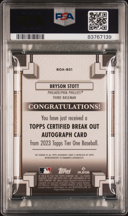 2023 Topps Tier One Break Out Autographs Bronze Ink Bryson Stott #BOABS1 /25 PSA 10