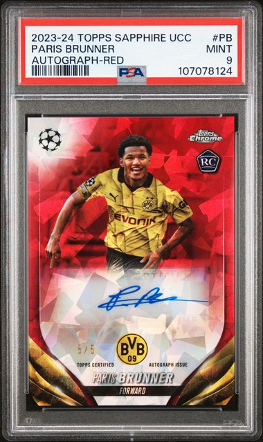 Paris Brunner 2023-24 Topps Saphire UCC autograph red ref. rookie card #'d 5/5 PSA 9