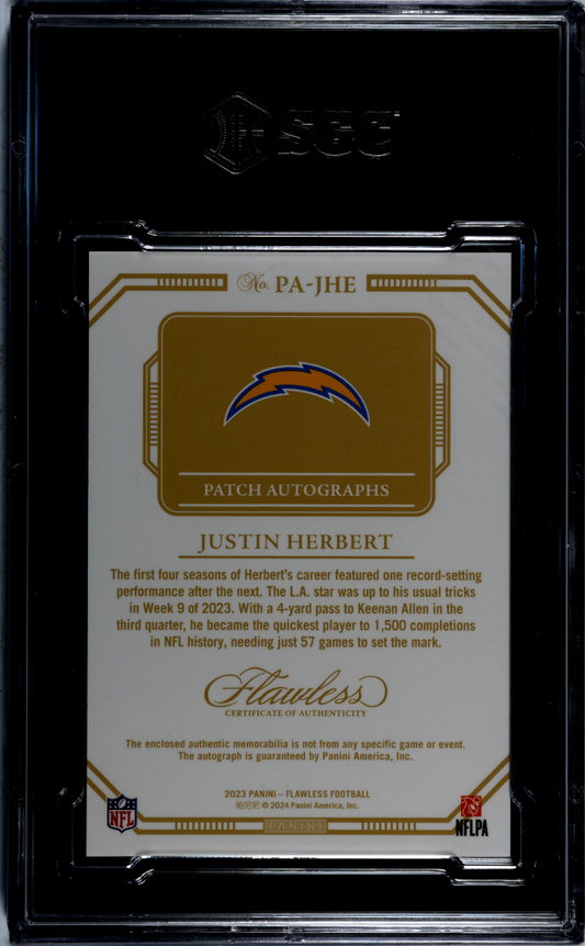 2023 Panini Flawless Justin Herbert #PA-JHE Patch Autos. Silver SGC 9.5 Auto 10