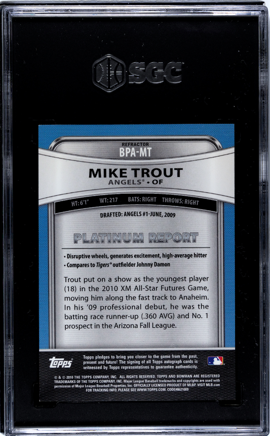 2010 Bowman Platinum Mike Trout #BPA-MT Prospect Autograph Refractor SGC 8