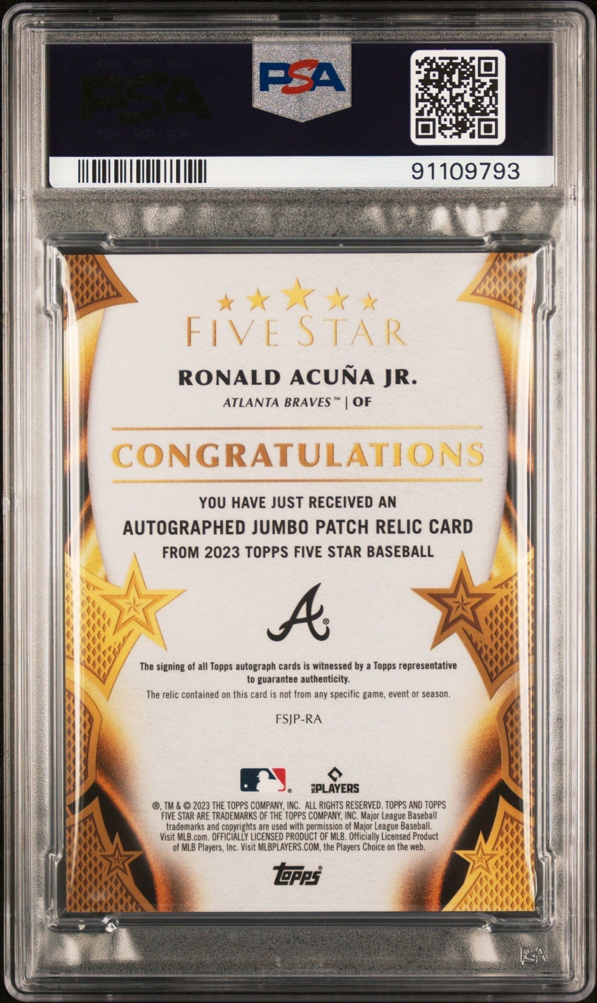 2023 Topps Five Star Auto  Prime Relics Ronald Acuna JR. #FSJPRA 14/25 PSA 10