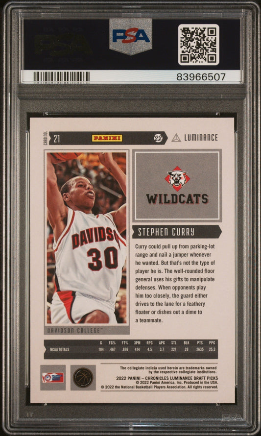 2022 Panini Chronicles Draft Luminance Stephen Curry #21 Plat. 1/1 PSA A Auto 10
