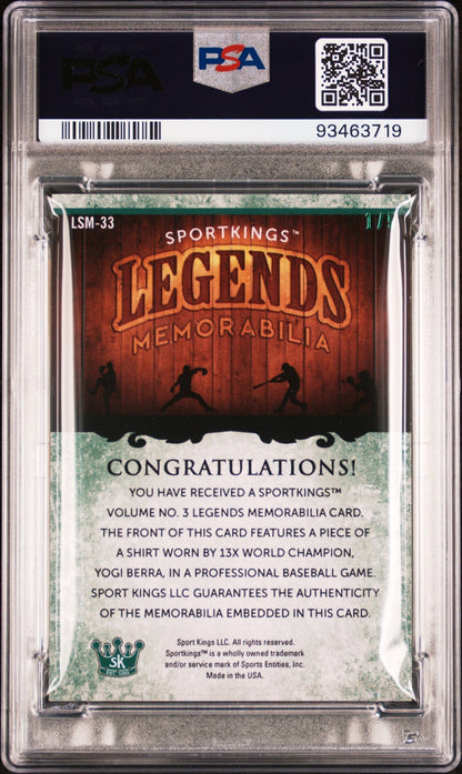 2022 Sportkings 3 Legends Single Memorabilia Yogi Berra #LSM33 Green PSA 9