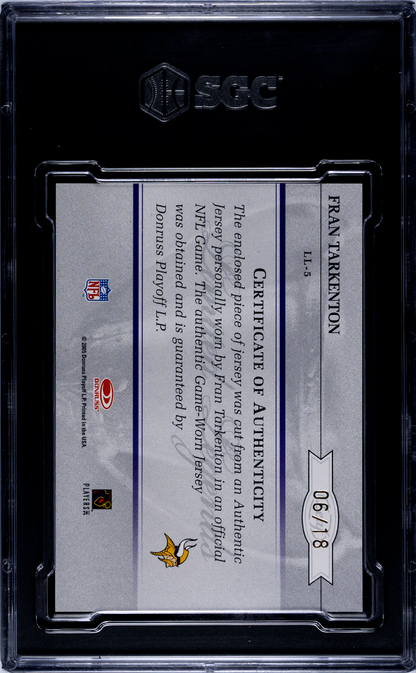 2005 Leaf Fran Tarkenton #LL-5 Legends Mat. Auto Jersey Number SGC Auto 10