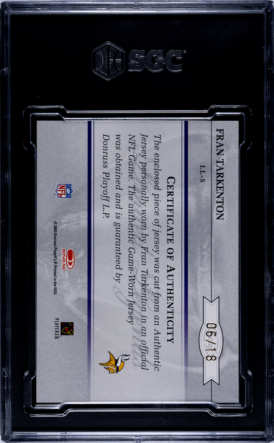 2005 Leaf Fran Tarkenton #LL-5 Legends Mat. Auto Jersey Number SGC Auto 10