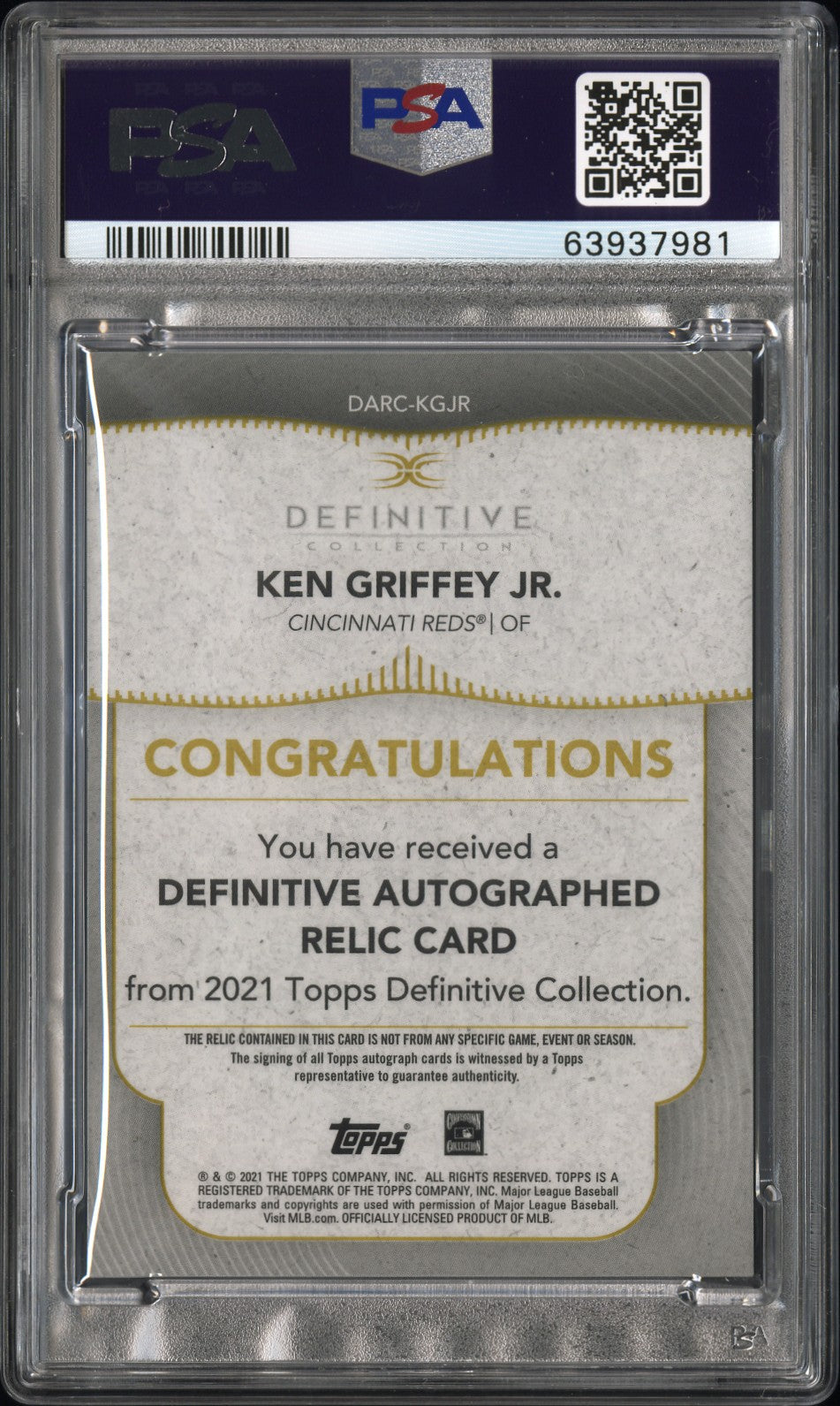 2021 Topps Definitive Auto Ken Griffey JR. #KGJR Auto  Purple 5/5 PSA 10