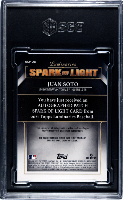 2021 Topps Luminaries Juan Soto #SLP-JS Spark Of Light Mat. Auto SGC 8 Auto 10