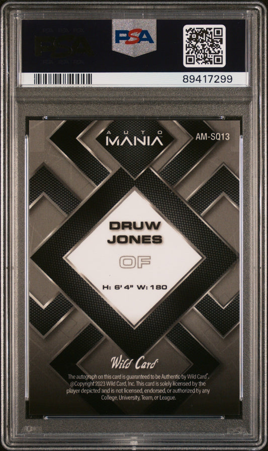 2023 Wild Card Auto Mania Auto Druw Jones #AMSQ13 SQR Red 1/10 PSA 10