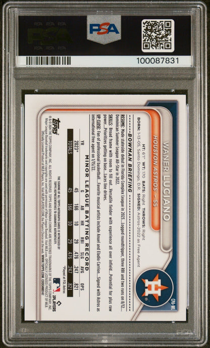 2024 Bowman Chrome Prospect Autographs Waner Luciano #CPAWL Blue Ref /150 PSA 9