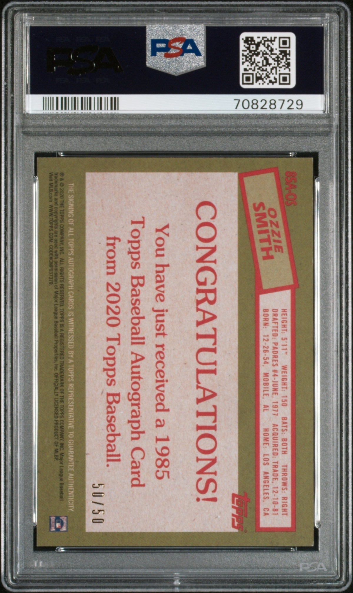 2020 Topps 1985 Topps 35th Anniversary Auto Ozzie Smith #85AOS '85  Gold PSA 8