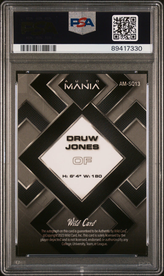 2023 Wild Card Auto Mania Autographs Druw Jones #AMSQ13 SQR  Red 2/6 PSA 10