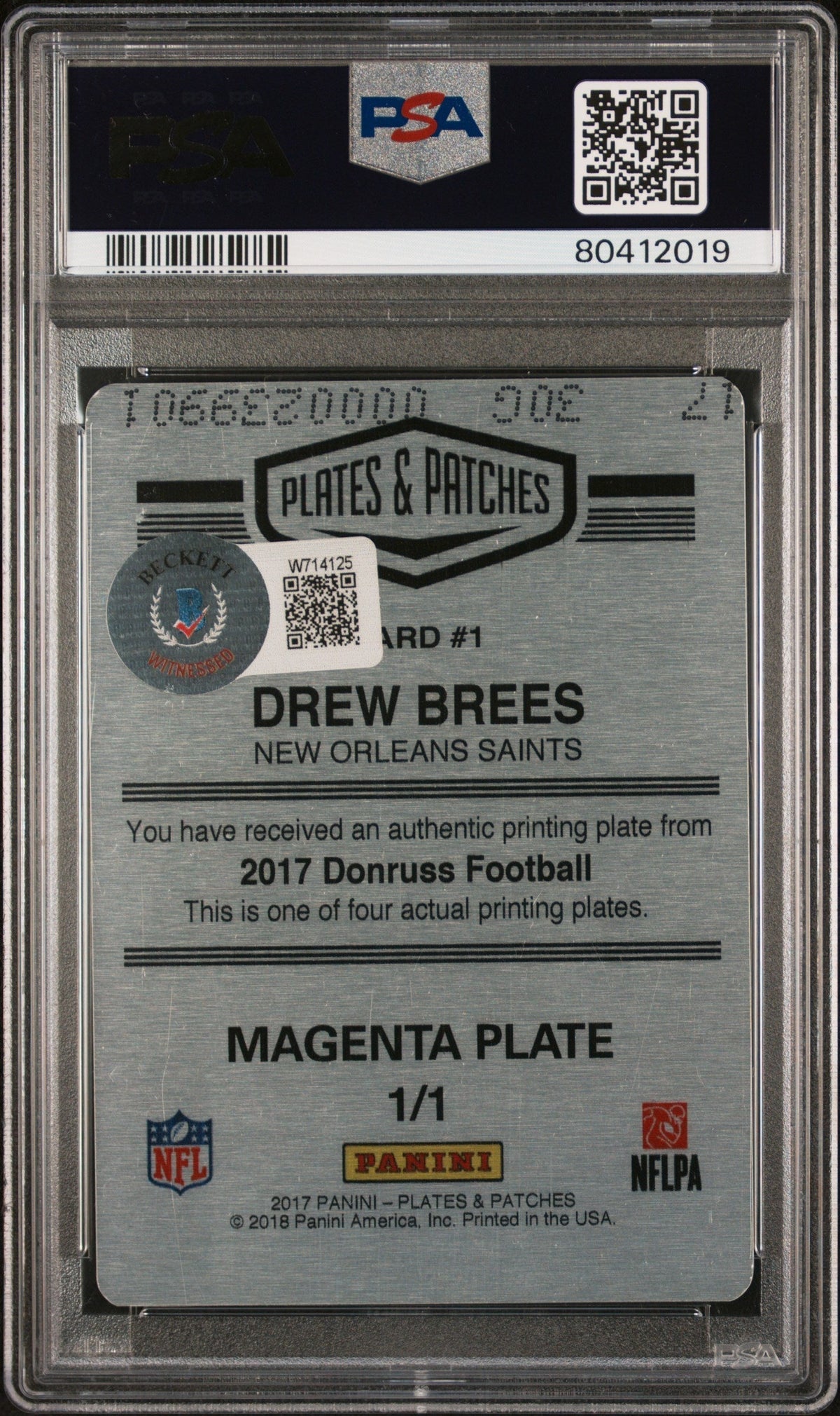 2017 Panini Plates & Patches Printing Plate Drew Brees  Mag. PP 1/1 PSA A Auto 8