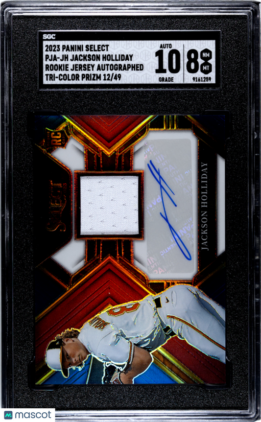 2023 Panini Jackson Holliday #PJA-JH RC Jersey Tri Color Prizm SGC Auto 10 /49