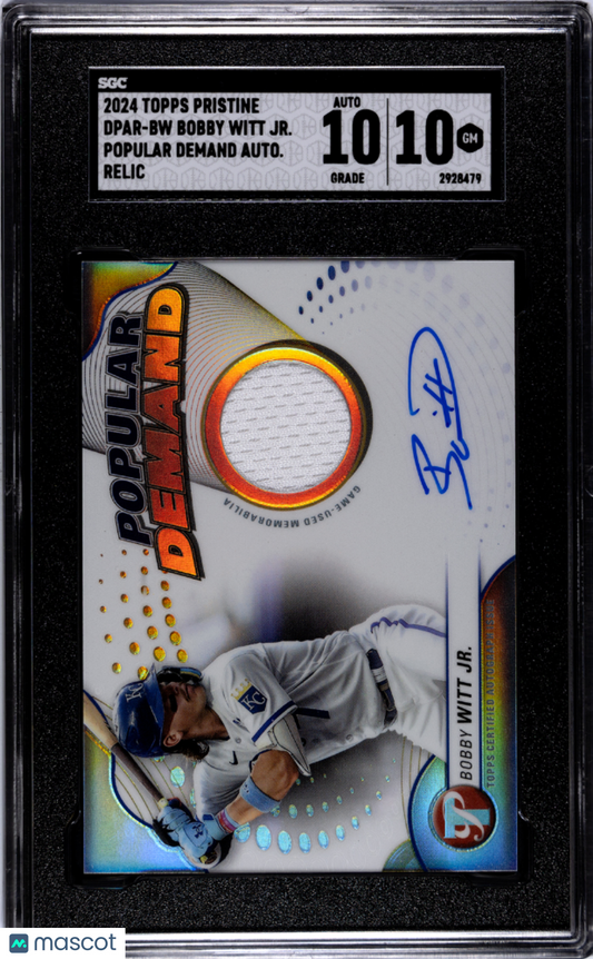 2024 Topps Pristine Bobby Witt JR. #DPAR-BW Popular Auto Relic SGC 10 Auto 10