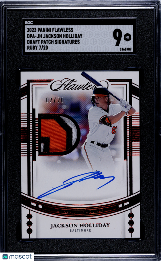 2023 Panini Flawless Jackson Holliday #DPA-JH Draft Patch Sigs. Ruby SGC 9