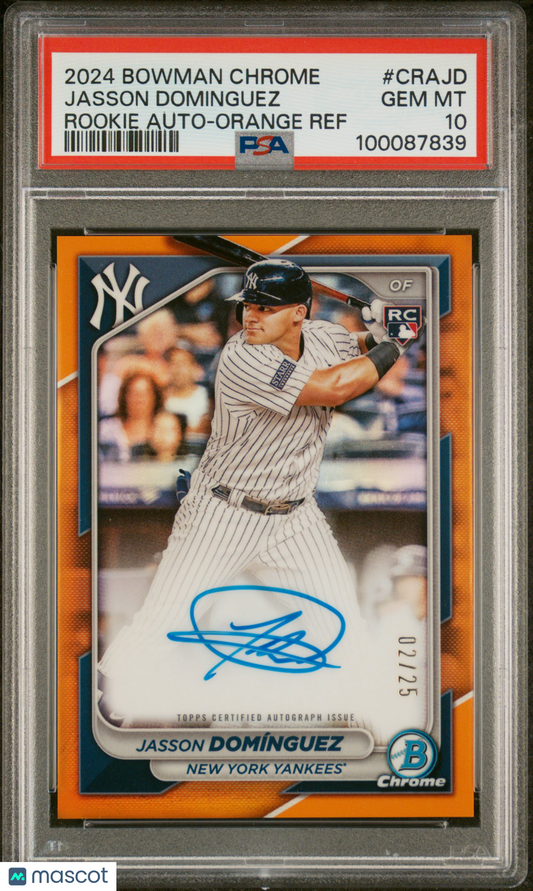 2024 Bowman Chrome Rookie AutoJasson Dominguez #CRAJD Orange Ref 02/25 PSA 10